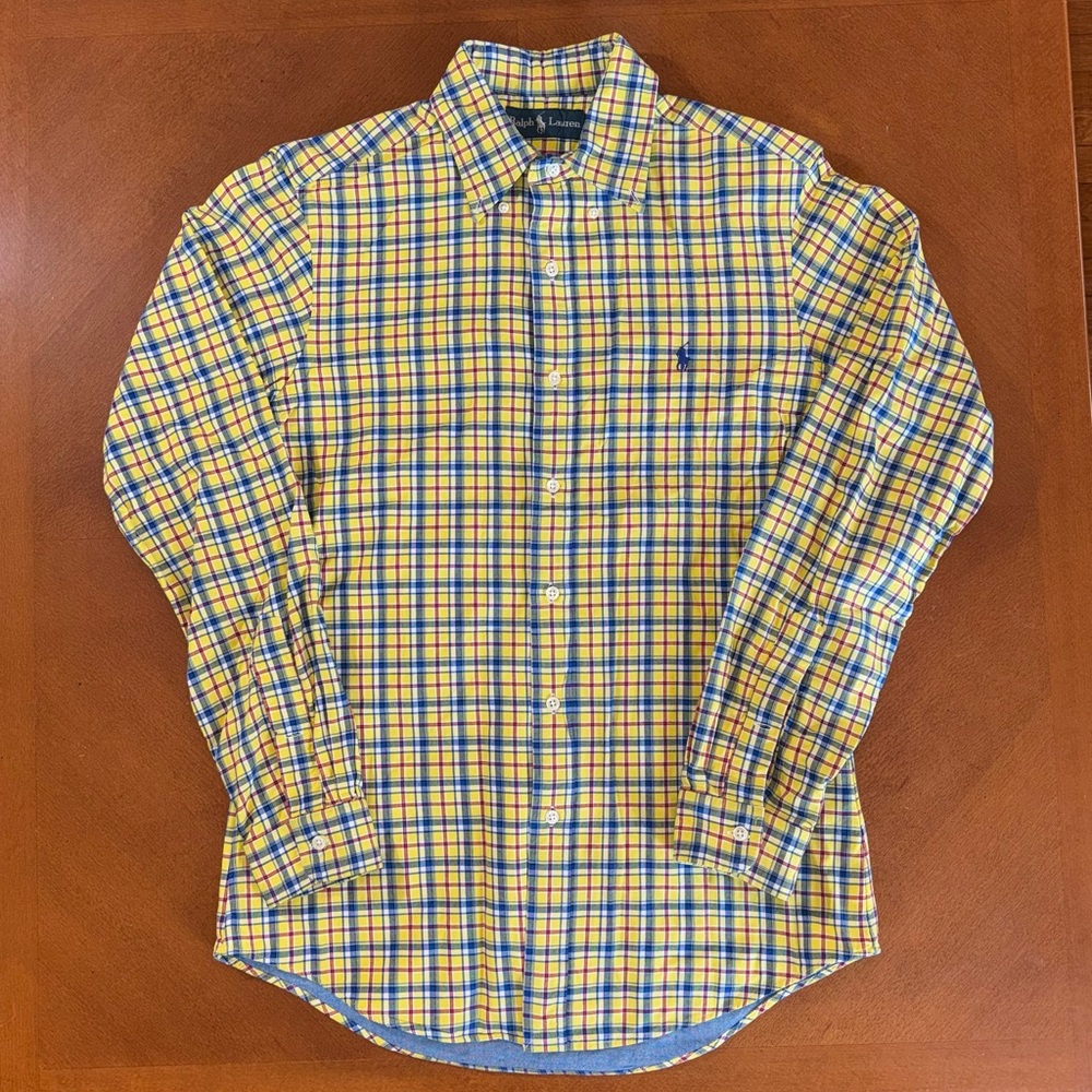 Ralph Lauren Mens Dress Shirt Small Plaid Yellow Blue Pony Chambray Lining EUC